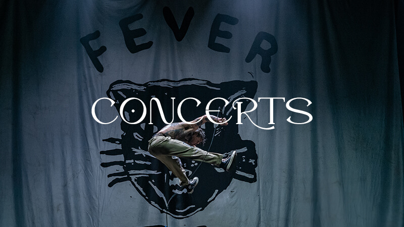 Auf dem Bild springt der Sänger Jason Butler von Fever 333 in die Luft. Das Bandbanner von Fever 333 zeig eine Katze und hängt im Hintergrund der Person. Davor ist in weißer Schrift Concerts geschrieben. Das Bild verlinkt auf die Konzertfotografie von Jan Demann.